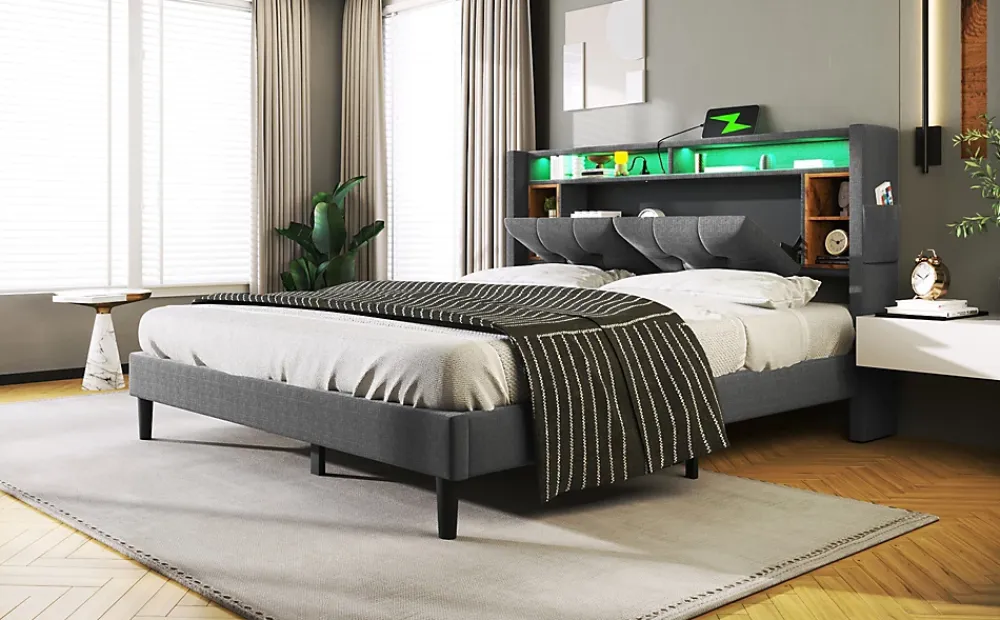 Redom Lit 160x200 cm avec tête de lit espace de rangement, LED et station de charge, cadre bois massif gris* Ensemble Sommier Et Matelas