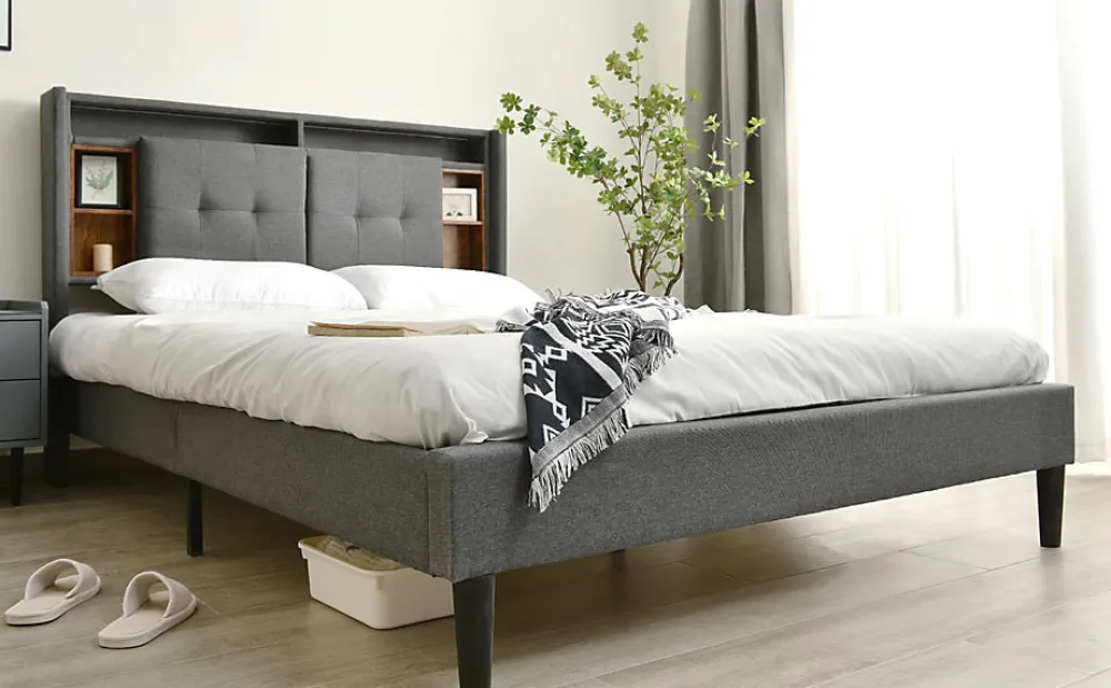 Redom Lit 160x200 cm avec tête de lit espace de rangement, LED et station de charge, cadre bois massif gris* Ensemble Sommier Et Matelas