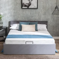 Redom Lit 140x200 cm avec tête de lit capitonnée et rangement hydraulique, tapissé velours gris pour chambre moderne et élégante* Lit Avec Rangement