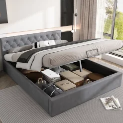 Redom Lit 140x200 cm avec tête de lit capitonnée et rangement hydraulique, tapissé velours gris pour chambre moderne et élégante* Lit Avec Rangement