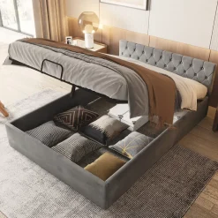 Redom Lit 140x200 cm avec tête de lit capitonnée et rangement hydraulique, tapissé velours gris pour chambre moderne et élégante* Lit Avec Rangement