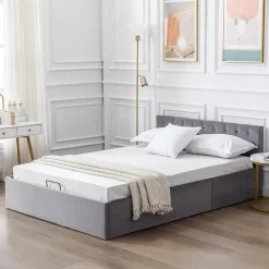 Redom Lit 140x200 cm avec tête de lit capitonnée et rangement hydraulique, tapissé velours gris pour chambre moderne et élégante* Lit Avec Rangement