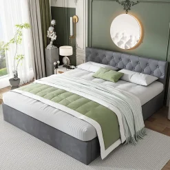 Redom Lit 140x200 cm avec tête de lit capitonnée et rangement hydraulique, tapissé velours gris pour chambre moderne et élégante* Lit Avec Rangement