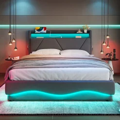 Lit 160x200 cm avec tête de lit à LED, étagères intégrées et revêtement velours gris foncé, espace de rangement>Redom Hot