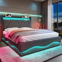 Lit 160x200 cm avec tête de lit à LED, étagères intégrées et revêtement velours gris foncé, espace de rangement>Redom Hot