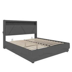 Lit 160x200 cm avec tête de lit à LED, étagères intégrées et revêtement velours gris foncé, espace de rangement><noscript><img width=