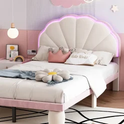 Redom Lit 90x200 cm avec tête de lit rembourrée à bande LED multicolore, tapissé velours beige et rose, pieds ronds* Lit Simple