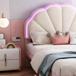 Redom Lit 90x200 cm avec tête de lit rembourrée à bande LED multicolore, tapissé velours beige et rose, pieds ronds* Lit Simple