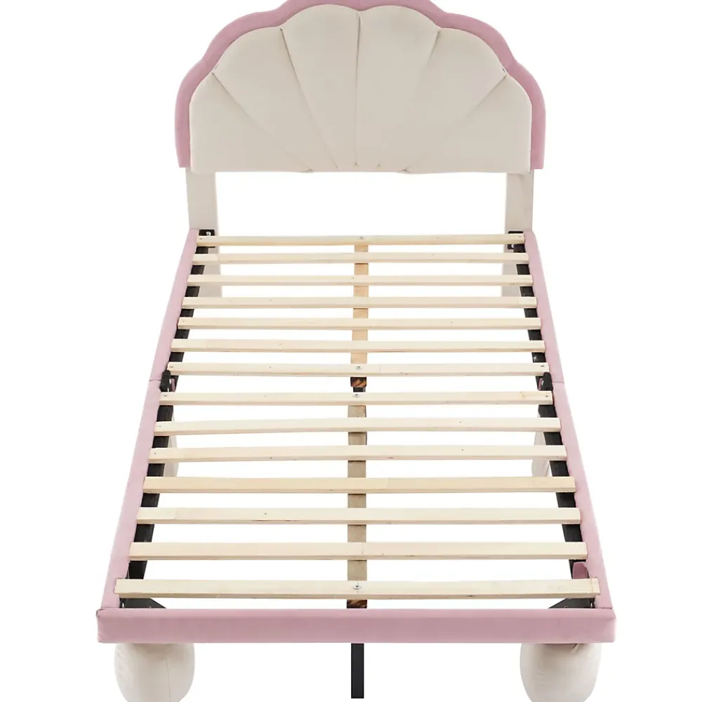 Redom Lit 90x200 cm avec tête de lit rembourrée à bande LED multicolore, tapissé velours beige et rose, pieds ronds* Lit Simple