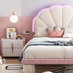 Redom Lit 90x200 cm avec tête de lit rembourrée à bande LED multicolore, tapissé velours beige et rose, pieds ronds* Lit Simple