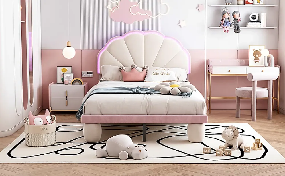 Redom Lit 90x200 cm avec tête de lit rembourrée à bande LED multicolore, tapissé velours beige et rose, pieds ronds* Lit Simple