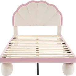 Redom Lit 90x200 cm avec tête de lit rembourrée à bande LED multicolore, tapissé velours beige et rose, pieds ronds* Lit Simple