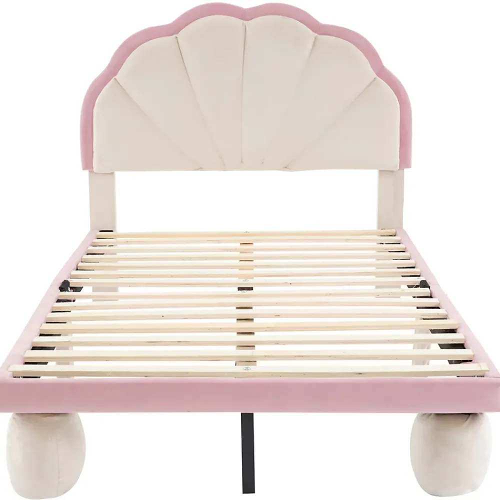 Redom Lit 90x200 cm avec tête de lit rembourrée à bande LED multicolore, tapissé velours beige et rose, pieds ronds* Lit Simple