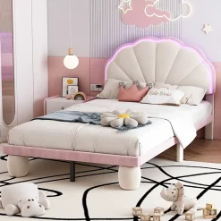Redom Lit 90x200 cm avec tête de lit rembourrée à bande LED multicolore, tapissé velours beige et rose, pieds ronds* Lit Simple