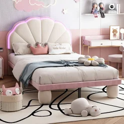 Redom Lit 90x200 cm avec tête de lit rembourrée à bande LED multicolore, tapissé velours beige et rose, pieds ronds* Lit Simple