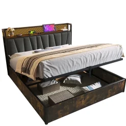 Lit 160x200 cm avec tête de lit LED contrôlable par application, prises USB et coffre, cadre métal gris><noscript><img width=