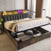 Lit 140x200 cm avec tête de lit LED RGBW, prises USB intégrées, coffre de rangement et cadre métal gris design>Redom New