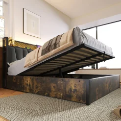 Lit 140x200 cm avec tête de lit LED RGBW, prises USB intégrées, coffre de rangement et cadre métal gris design>Redom New