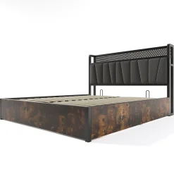 Lit 140x200 cm avec tête de lit LED RGBW, prises USB intégrées, coffre de rangement et cadre métal gris design><noscript><img width=