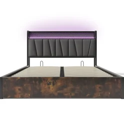 Lit 140x200 cm avec tête de lit LED RGBW, prises USB intégrées, coffre de rangement et cadre métal gris design><noscript><img width=