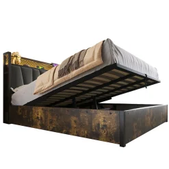 Lit 140x200 cm avec tête de lit LED RGBW, prises USB intégrées, coffre de rangement et cadre métal gris design><noscript><img width=