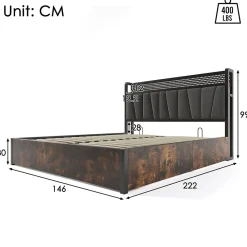 Lit 140x200 cm avec tête de lit LED RGBW, prises USB intégrées, coffre de rangement et cadre métal gris design><noscript><img width=