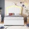 Redom Lit 90x200 cm avec tête de lit coquillage couronnée et coffre hydraulique, éclairage LED, tapissé cuir blanc* Lit Avec Rangement