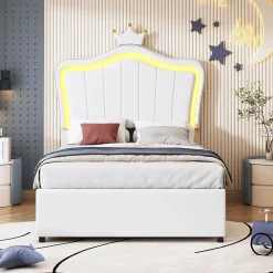Redom Lit 90x200 cm avec tête de lit coquillage couronnée et coffre hydraulique, éclairage LED, tapissé cuir blanc* Lit Avec Rangement