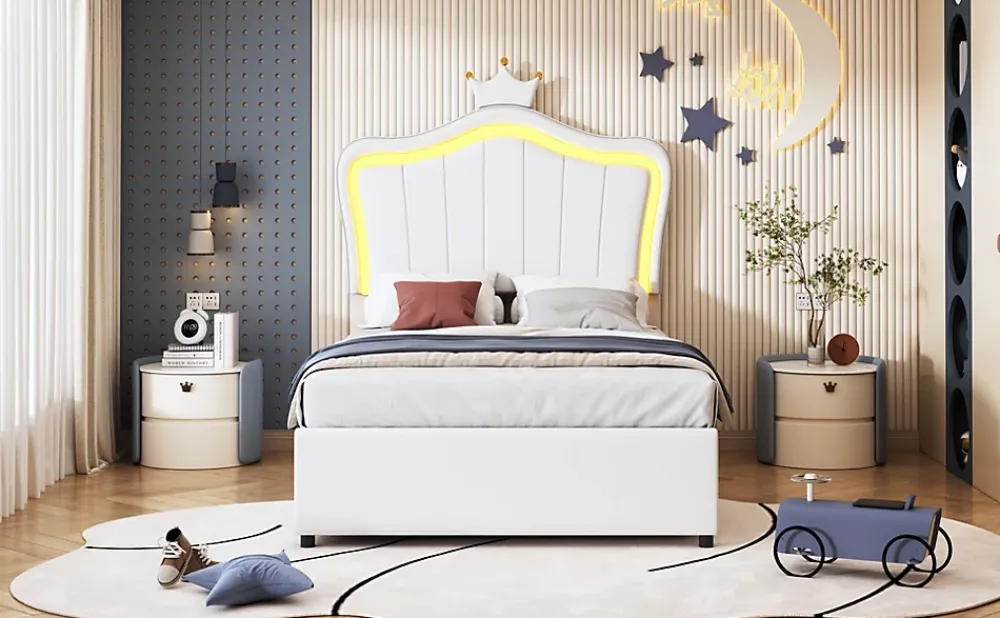 Redom Lit 90x200 cm avec tête de lit coquillage couronnée et coffre hydraulique, éclairage LED, tapissé cuir blanc* Lit Avec Rangement