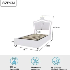 Redom Lit 90x200 cm avec tête de lit coquillage couronnée et coffre hydraulique, éclairage LED, tapissé cuir blanc* Lit Avec Rangement