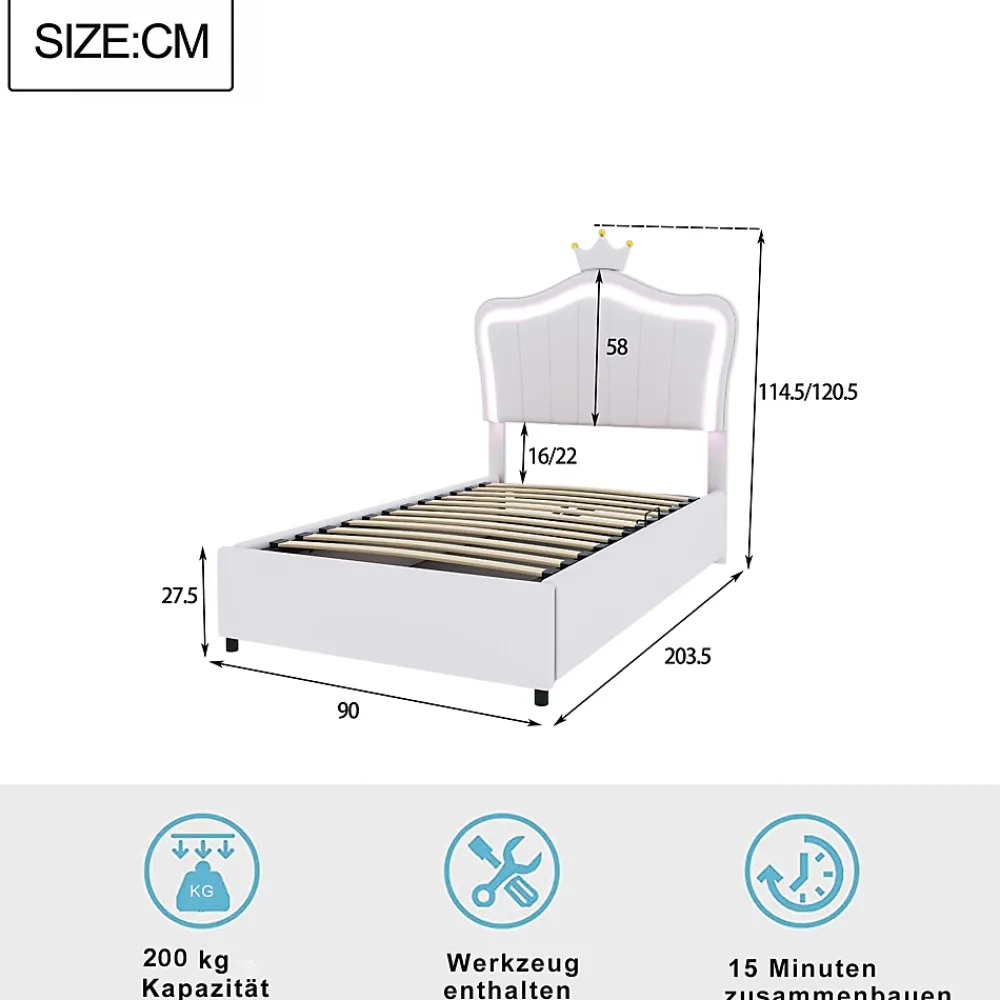 Redom Lit 90x200 cm avec tête de lit coquillage couronnée et coffre hydraulique, éclairage LED, tapissé cuir blanc* Lit Avec Rangement