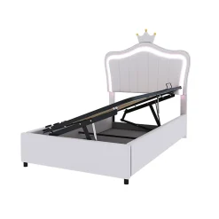 Redom Lit 90x200 cm avec tête de lit coquillage couronnée et coffre hydraulique, éclairage LED, tapissé cuir blanc* Lit Avec Rangement