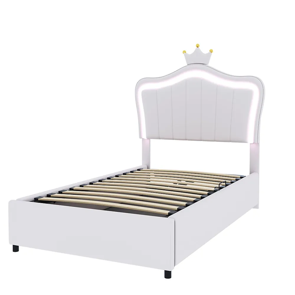 Redom Lit 90x200 cm avec tête de lit coquillage couronnée et coffre hydraulique, éclairage LED, tapissé cuir blanc* Lit Avec Rangement