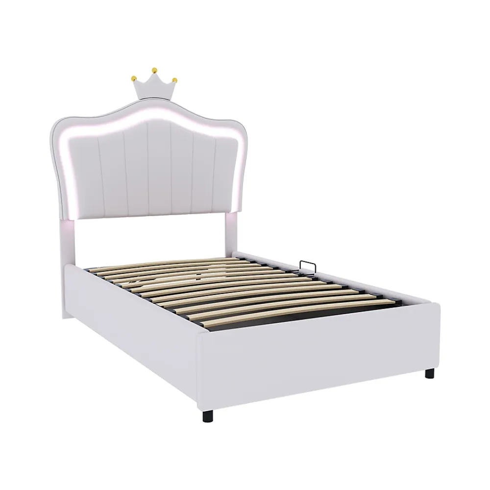 Redom Lit 90x200 cm avec tête de lit coquillage couronnée et coffre hydraulique, éclairage LED, tapissé cuir blanc* Lit Avec Rangement