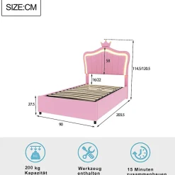 Redom Lit 90x200 cm avec tête de lit coquille et LED intégrées, rangement hydraulique, similicuir rose réglable* Lit Avec Rangement