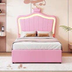 Redom Lit 90x200 cm avec tête de lit coquille et LED intégrées, rangement hydraulique, similicuir rose réglable* Lit Avec Rangement