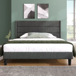 Redom Lit 140x200 cm avec tête de lit rembourrée, sommier à lattes intégré et revêtement lin gris foncé* Lit Double