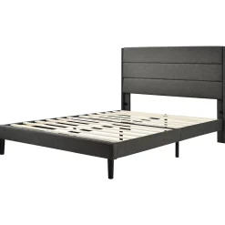 Redom Lit 140x200 cm avec tête de lit rembourrée, sommier à lattes intégré et revêtement lin gris foncé* Lit Double