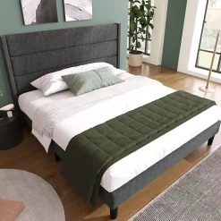 Redom Lit 140x200 cm avec tête de lit rembourrée, sommier à lattes intégré et revêtement lin gris foncé* Lit Double