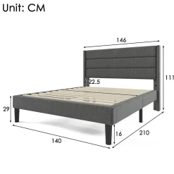 Redom Lit 140x200 cm avec tête de lit rembourrée, sommier à lattes intégré et revêtement lin gris foncé* Lit Double
