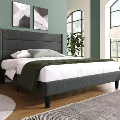 Redom Lit 140x200 cm avec tête de lit rembourrée, sommier à lattes intégré et revêtement lin gris foncé* Lit Double