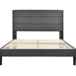 Redom Lit 140x200 cm avec tête de lit rembourrée, sommier à lattes intégré et revêtement lin gris foncé* Lit Double
