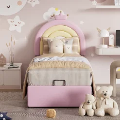 Redom Lit 90x200 cm avec tête de lit réglable, tapissé PU rose et sommier à lattes, design contemporain* Lit Avec Rangement