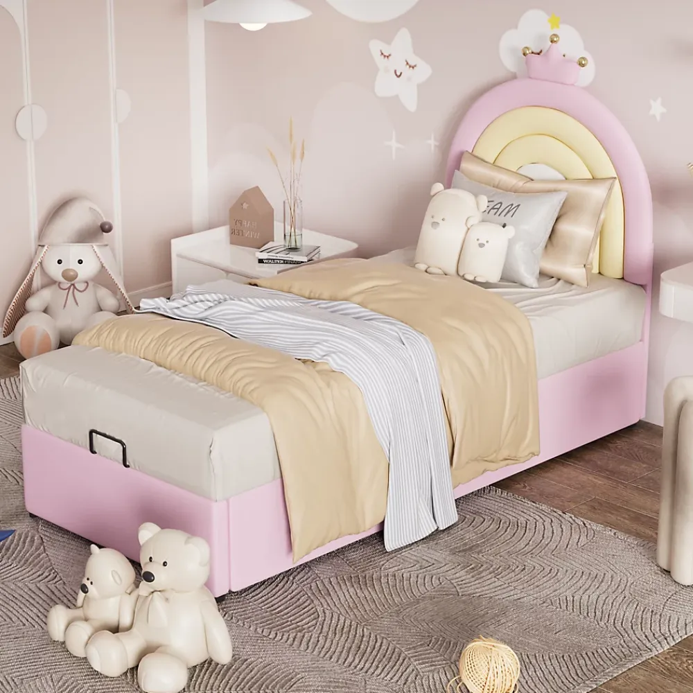 Redom Lit 90x200 cm avec tête de lit réglable, tapissé PU rose et sommier à lattes, design contemporain* Lit Avec Rangement