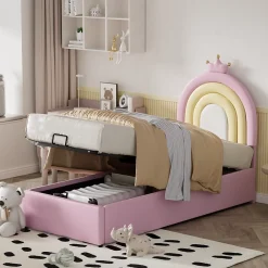 Redom Lit 90x200 cm avec tête de lit réglable, tapissé PU rose et sommier à lattes, design contemporain* Lit Avec Rangement
