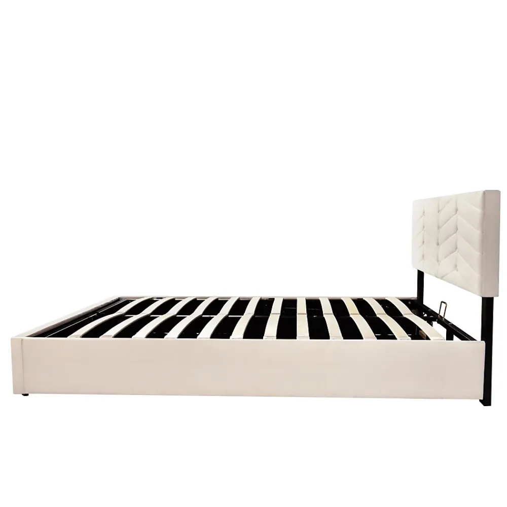 Redom Lit 140x190 cm avec tête de lit capitonnée réglable en velours beige, design intemporel classique et contemporain* Lit Avec Rangement