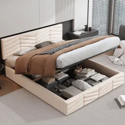 Redom Lit 140x190 cm avec tête de lit capitonnée réglable en velours beige, design intemporel classique et contemporain* Lit Avec Rangement