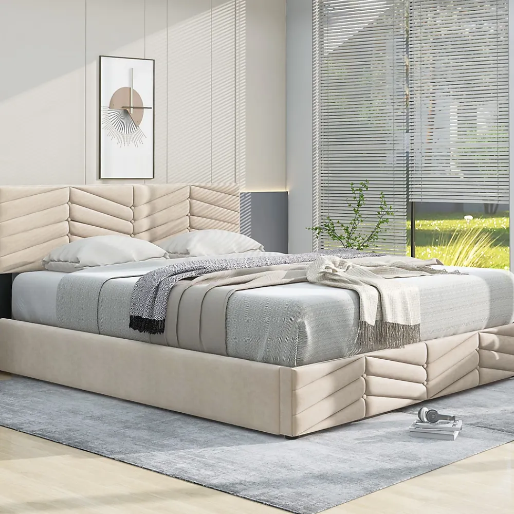 Redom Lit 140x190 cm avec tête de lit capitonnée réglable en velours beige, design intemporel classique et contemporain* Lit Avec Rangement