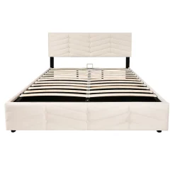 Redom Lit 140x190 cm avec tête de lit capitonnée réglable en velours beige, design intemporel classique et contemporain* Lit Avec Rangement