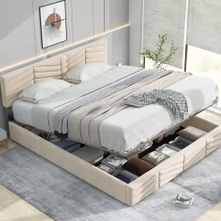 Redom Lit 140x190 cm avec tête de lit capitonnée réglable en velours beige, design intemporel classique et contemporain* Lit Avec Rangement